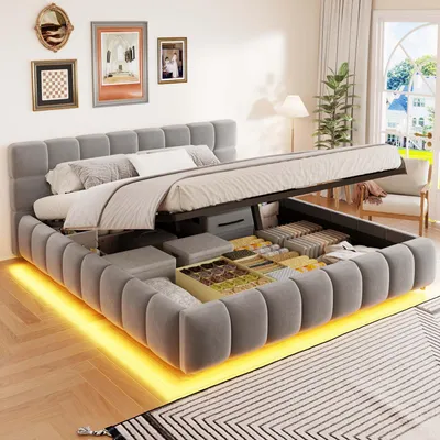 Produktbild von Merax Polsterbett 160×200cm mit LED-Lichtleiste, Bettgestell mit hydraulischem Stauraum, Doppelbett mit voluminösem Kopfteil aus Samtstoff, Grau
