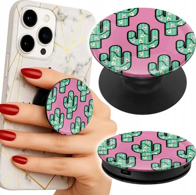 Zdjęcie produktu dla Uchwyt Do Telefonu Popsocket Na Palce/Stojak Kaktusy, Kaktus Na Różowym Tle