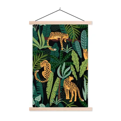 Produktbild von MuchoWow® Textilposter Dschungel - Panther - Muster - Jungen - Mädchen - Pflanzen 40x60 cm mit holzfarbenen Rahmen - Poster