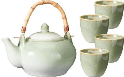 Productafbeelding van Thee-set van keramiek met theepot en 4 kopjes – lichtgroen, H&L