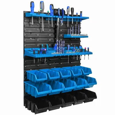 Immagine prodotto di Pannello porta attrezzi da appendere 58x78cm con 15 pezzi. Scatole blu montate a parete con set di supporti in plastica
