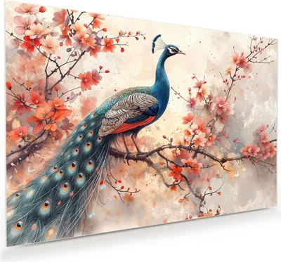 Produktbild von Glasbild 90x60cm in XXL für Wohnzimmer, Schlafzimmer Motiv Pfau und Blüten