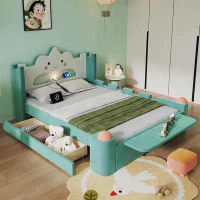 Image de Lit enfant rembourré 140x200 cm, lit "nuage" avec lampe de lecture LED, port USB, tiroir de rangement (montable à gauche ou à droite), étagère rabattable, protection anti-chute, revêtement en velours, confortable et pratique, bleu-vert