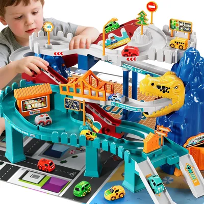 Image de Circuit de course de dinosaures pour enfants : circuit avec 4 petites voitures et rails. Circuit de course de dinosaures pour garçons et filles de 3 à 14 ans. Cadeau d'anniversaire ou pour les fêtes, jaune