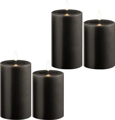 Produktbild von 4er Set Led Kerzen flackernde Flamme mit Echtwachspiegel grau 7,5cm ø 2x 12, 5cm, 2x10 cm Höhe, LED Kerzen mit Timerfunktion, 2 AA Batterien nötig, LED Echtwachs Stumpenkerzen grau