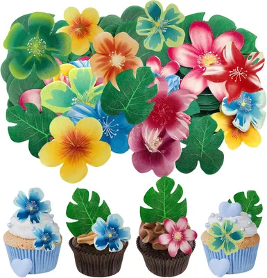 Produktbild von Essbares Papier Tortendekoration 60 Stück, Bunte Blumen und Bäume, für Geburtstagsfeiern