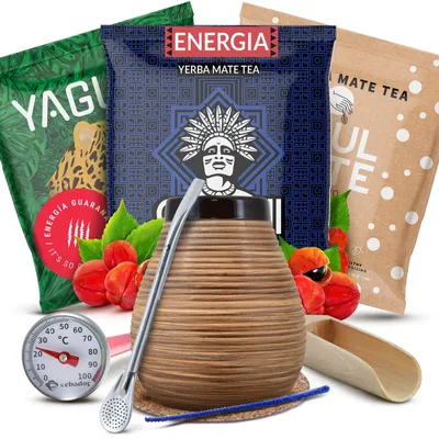 Produktbild von Cebador - Mate Tee Set Energia, Yaguar, Soul Mate 3x50g - Mate Becher Keramik Honig 350ml - Bombilla - Luftgetrocknet
