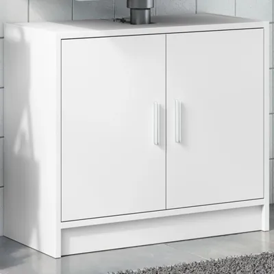 A white bathroom cabinet with two doors and silver handles, placed on a tiled floor.