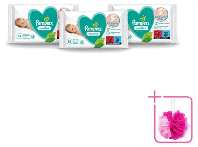 Immagine prodotto di 3 confezioni di salviette umidificate Pampers Sensitive per neonati, contenenti 52 salviette ciascuna, confezione risparmio