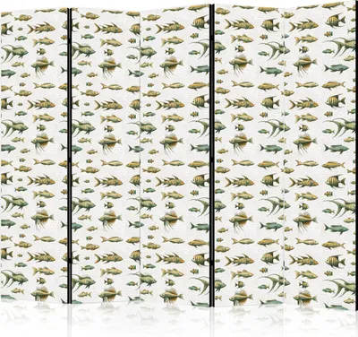 Produktbild von 5-teiliger Einseitiger Vlies Paravent - Unusual Species of Fish - a Cluster of Fish in Muted Colors in Retro Style Against a Background of Beige Streaks 225x172 cm Tiere g-H-10109-z-b