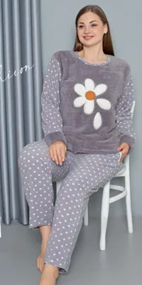 Produktbild von Damen Große Größen Pyjama POLAR Grau 4XL Schlafanzug 2-Teiler Set Lang Warm A-07
