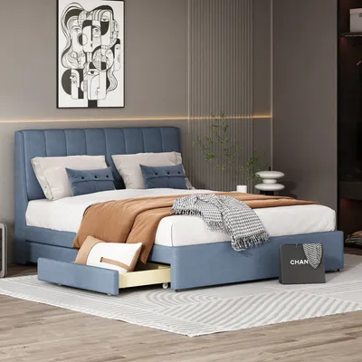 Produktbild von Polsterbett Doppelbett 140 x 200 cm, mit Schubladen Lattenrost Rückenlehne, Leinenbett mit Außenverteidigern auf beiden Seiten des Kopfteils