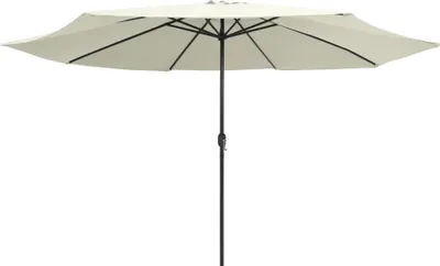 A cream-colored patio umbrella with a dark pole is shown against a white background.