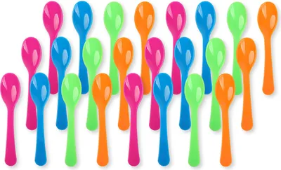 Produktbild von Schramm® Eierlöffel aus Kunststoff 4-farbig sortiert 12 oder 24 Stück wählbar 14 x 2,6 cm  BPA-frei wiederverwendbar Joghurtlöffel Babylöffel 12er oder 24er Pack Plastiklöffel , Größe:24 Stück