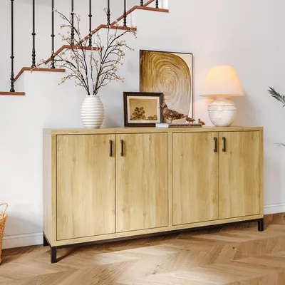 Image de Buffet / meuble à chaussures UnboxG aspect bois, couleurs naturelles avec métal noir, buffet et meuble de rangement moderne pour le couloir, la salle à manger ou la cuisine, 160 × 35 × 80 cm