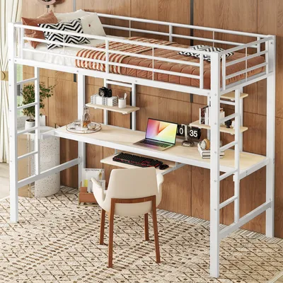 Produktbild von okwish Metallbett Eisenbett 90x200 cm, Hochbett mit Staufächern und integriertem Schreibtisch, geeignet für Kinder, Jugendliche und Erwachsene, Weiß