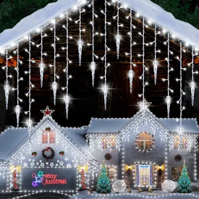 Productafbeelding van 2 stuks LED-ijsprinkels, lichtketting, lichtgordijn, kerstverlichting, 8 modi, geschikt voor buiten, kerstdecoratie voor dakranden en ramen, wit