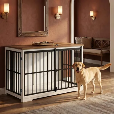 Produktbild von Hundekäfig Möbel, 119 cm Hundebox Möbel, 2 Türen, Weiß Braun | XXL Moderne Hundekäfig Indoor für Mittlere/Große Hunde, Beistelltisch