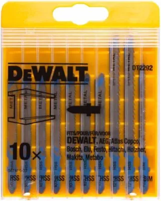 Zdjęcie produktu dla DeWALT DT2292-QZ, Ostrze wyrzynarki, Metal, Drewno, Stal wysokowęglowa (HCS), Niebieski, Stal nierdzewna, 10 szt.