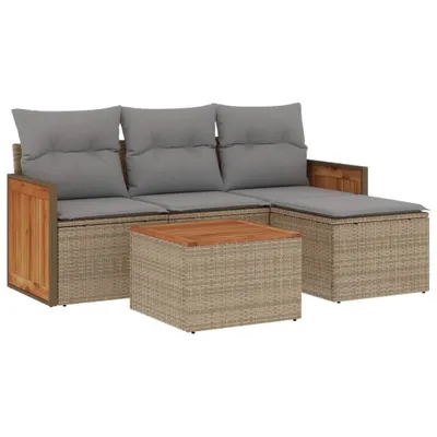 Produktbild von Modulares Garten-Sofa-Set, 5-teilig, für Terrasse & Balkon, aus UV-beständigem Poly Rattan & Akazienholz, mit beigen Kissen & abnehmbaren Bezügen