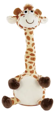 Produktbild von Idena 40362 - Plappertier Giraffe, ca. 32 cm, Plüschtier spricht alles in witziger Stimme nach und bewegt dabei den Hals, batteriebetrieben (Batterien nicht enthalten), Gelb-braun