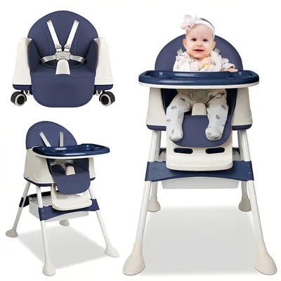 Produktbild von Hochstuhl Baby 2 in 1 mit Rollen, Höhenverstellbar Kinderhochstuhl, 3-Stufen Doppeltablett Essbrett Kombihochstuhl, Multifunktionaler Babystuhl, Blau
