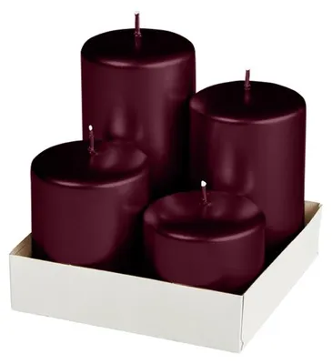 Produktbild von Adventset Stumpenkerzen Metallic Glanz Rotbraun Burgundy Ø 60 mm, 4 Stück
