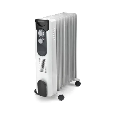 A white oil-filled radiator with black controls and wheels, shown against a white background.
