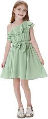 Produktbild von Mädchen Eine-Schulter Kleid - Festliches Blumenmädchenkleid für Hochzeit, Fotoshooting und Urlaub - A-Linien Prinzessin Sommerkleid mit verstellbarem Gürtel und Schöne Asymmetrischen Ärmel 5-6 Jahre