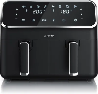 Imagen del producto de - Freidora de aire de doble zona con 2 compartimentos.- Capacidad XXL, 2 compartimentos, doble cámara.- 2700 vatios.- Horno freidora de aire de acero inoxidable.- Pantalla táctil.- Sistema de circulación de aire 3D.- 8 litros