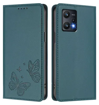 Produktbild von Lederhülle für Realme 9 Pro 5G, Schmetterling Prägung Leder Brieftasche Schutzhülle mit Ständer Grün