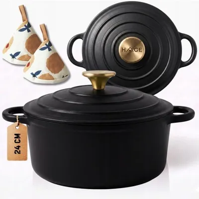 Productafbeelding van Geëmailde gietijzeren pan, 24 cm, 4 liter, merk HAGE, zwart, mat