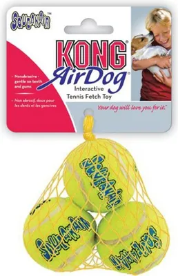 A package of KONG AirDog Interactive Tennis Fetch Toys for dogs, showing a child holding a dog and the product packaging with three tennis balls in a net bag.