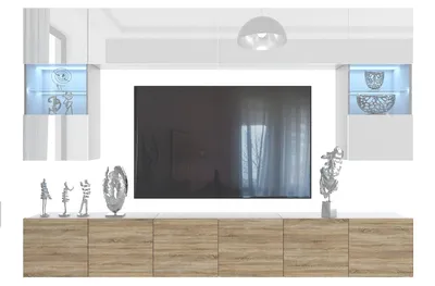 Produktbild von BELINI Wohnwand MILANO 1 Wohnzimmer 300 cm - Weiß/Sonoma Eiche Matt, Moderne Schrankwand Set, Anbauwand TV-Schrank Griffloses System