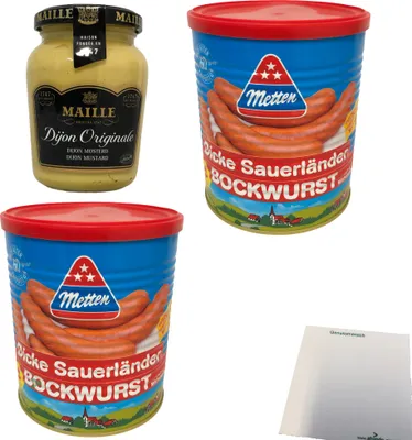 Produktbild von Metten Dicke Sauerländer Bockwurst 10x80g (2x400g Dose) Maille Dijon Senf (215g Glas) + usy Block