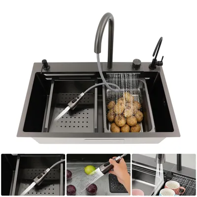 Obrázek produktu pro Sada kuchyňských dřezů 75*46*22cm moderní dřez s vodopádem, vytahovací baterie (černá)
