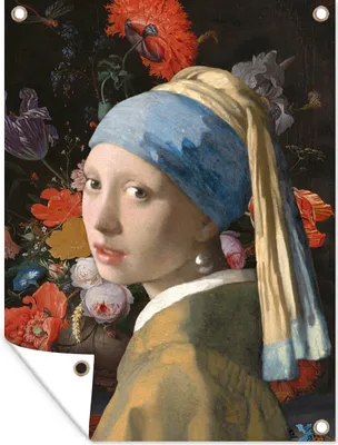 Produktbild von MuchoWow® 90x120 cm Outdoor-Poster Gartendeko Sichtschutz Garten Poster für den Garten  Das Mädchen mit dem Perlenohrring - Vermeer - Blumen