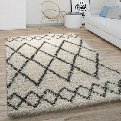 Image de Tapis à poils longs Salon Shaggy Poils longs Moderne Boho Skandi Motif losange Taille 120 cm Rond