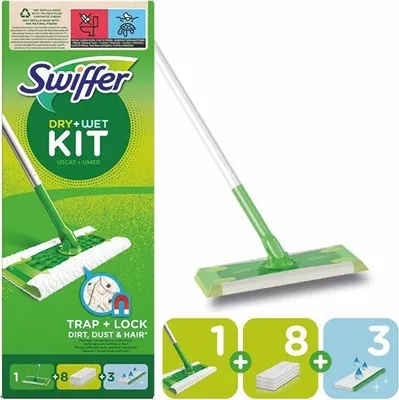 Obrázok produktu pre Štartovacia sada zametača na podlahy Swiffer: 1 násada, 8 ks suchých a 3 ks vlhčených utierok
