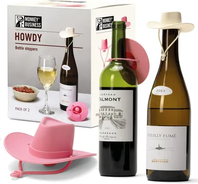 Productafbeelding van Howdy - 2-Pack Cowboyhoed Wijnstoppers - Leuke Siliconen Flesstops Houden Wijn Vers - Nieuwe Keukengadgets & Leuke Wijnaccessoires (Roze & Wit)