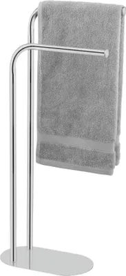 A silver metal towel rack with a gray towel draped over it, shown on a white background.