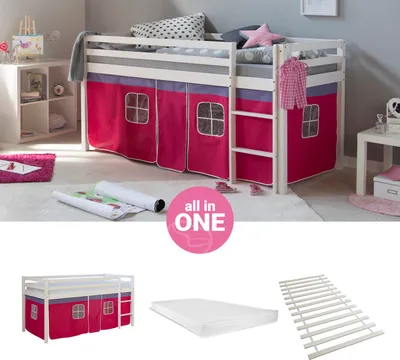 Produktbild von Homestyle4u Hochbett 90x200 mit Matratze Vorhang Pink Kinderbett Weiß Holz Kiefer Massiv Jugendbett Lattenrost