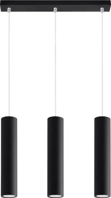 A black three-light pendant lamp with cylindrical shades, suspended from a black rectangular bar.