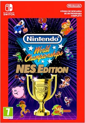 The image is the front cover of the Nintendo World Championships NES Edition game for the Nintendo Switch. It features pixelated characters from various Nintendo games surrounding a golden trophy.