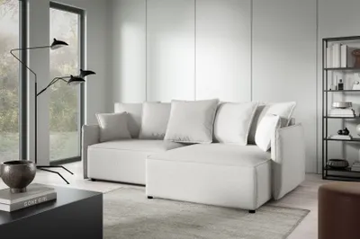 Produktbild von 3 Sitzer Ecksofa in L-Form ANTONIO MINI ABRIAMO, Ottomane rechts/links, Schlaffunktion & Bettkästen, Eckarniutur in Bouclé-Optic Hellbeige