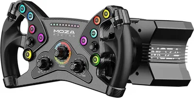 A racing steering wheel and its base are shown against a white background.