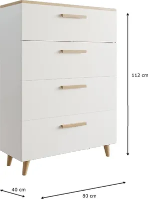 Produktbild von MATKAM Schubladen-Kommode Oslo in moderner Optik, B80 x H112 x T40 cm, 4 Schubfächer mit Holzgriffen (Artisan Eiche-Weiß)