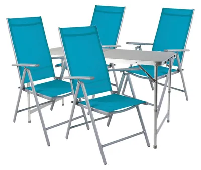 XXL 5-tlg Campingmöbel Alu höhenverstellbar Campingtisch + 4 Klappstühle Petrol