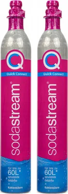 Two SodaStream CO2 cylinders with pink and silver branding.