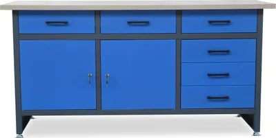 A product shot of a workbench with drawers and cabinets.